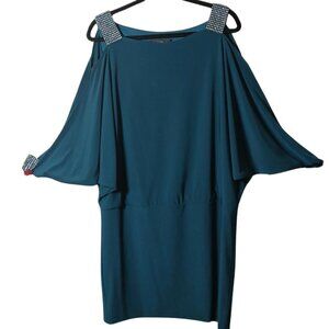 Betsey & Adam Green Dress Women's 14 Choir Angel Sleeves Rhinestones Blouson